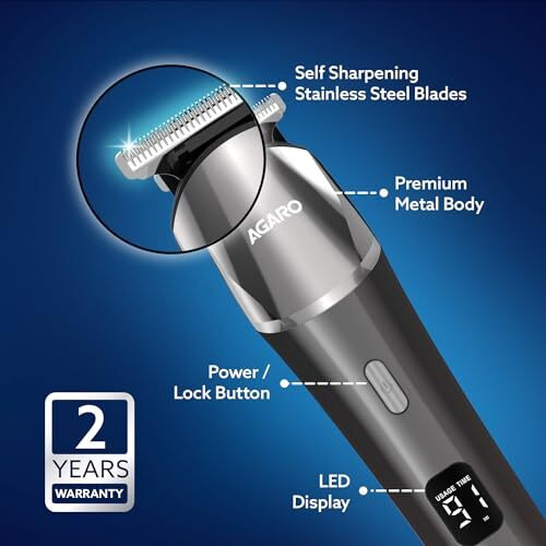 Agaro Royal Multi Grooming Kit For Men, 9In1, Shave| Trim | Style, Face Head Body Trimmer, Self Sharpening Stainless Steel Blade, 5 Combs, Metal Body, Type C Fast Charging, 120 Min Usage, Ipx7, Silver