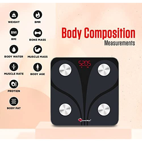 Powermax Fitness Bluetooth Body Fat Scale - Smart Bmi Digital Bathroom Wireless Weight Scale & Body Composition Analyser With Smartphone App (Upto Foot Size 9 , Model Bca-130)