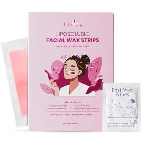 Urban Yog Small Liposoluble Facial Wax Strips For Women - 20 Wax Strips + 4 Post-Wax Wipes | Gentle Facial Hair Removal Face Wax Strip For Upper Lip, Eyebrows, Chin, Sidelocks | Enriched With Shea Butter