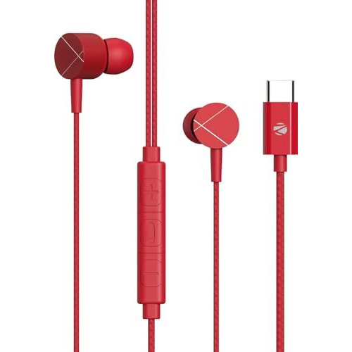 Zebronics Zeb-Buds C2 In Ear Type C Wired Earphones With Mic, Braided 1.2 Metre Cable, Metallic Design, 10Mm Drivers, In Line Mic & Volume Controller (Red)