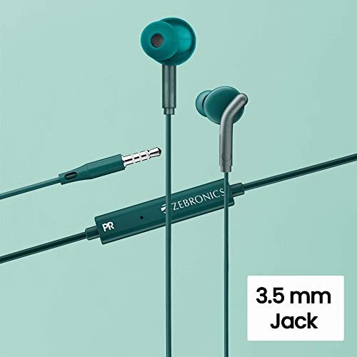 Zebronics Bro In Ear Wired Earphones With Mic, 3.5Mm Audio Jack, 10Mm Drivers, Phone/Tablet Compatible (Green)