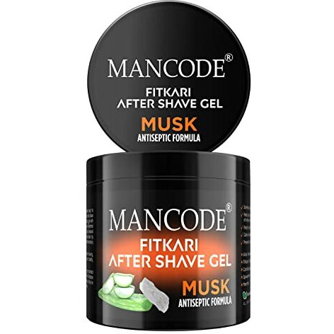 Mancode Fitkari After Shave Gel Musk For Men | Post Shave Gel | Treats Aftershave Cuts Wounds Razor Burn | Skin Irritation | Refreshing Musky Fragrance | Alcohol Free After Shave 100Gm (Pack Of 1)