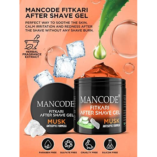 Mancode Fitkari After Shave Gel Musk For Men | Post Shave Gel | Treats Aftershave Cuts Wounds Razor Burn | Skin Irritation | Refreshing Musky Fragrance | Alcohol Free After Shave 100Gm (Pack Of 1)