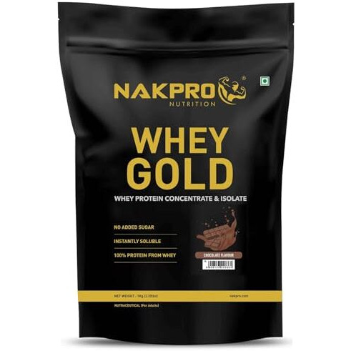 Nakpro Gold Whey Protein Concentrate & Isolate 1Kg Chocolate | 25.5G Protein, Trustified Certified Supplement Powder | Fast Absorbing Whey Protein Powder