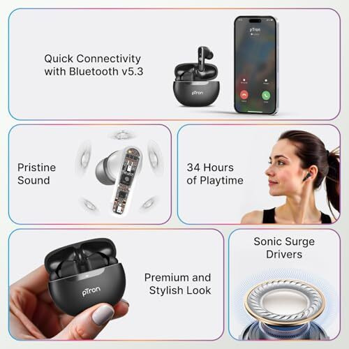 Ptron Bassbuds Astra In-Ear Tws Earbuds With Stereo Sound, 34Hrs Playtime, Stereo Calls, Bluetooth V5.3 Headphones With Quick Pairing, Touch Control, Voice Assistant, Type C Charging & Ipx4 (Black)
