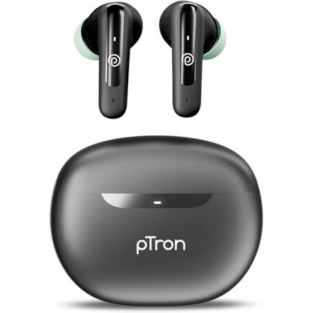 Ptron Bassbuds Astra In-Ear Tws Earbuds With Stereo Sound, 34Hrs Playtime, Stereo Calls, Bluetooth V5.3 Headphone With Quick Pairing, Touch Control, Voice Assist, Type C Charging & Ipx4(Black & Green)