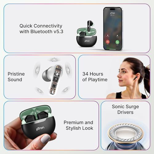 Ptron Bassbuds Astra In-Ear Tws Earbuds With Stereo Sound, 34Hrs Playtime, Stereo Calls, Bluetooth V5.3 Headphone With Quick Pairing, Touch Control, Voice Assist, Type C Charging & Ipx4(Black & Green)