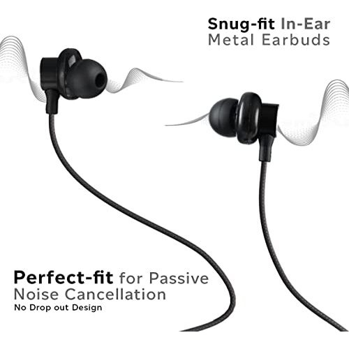 Ptron Boom Buddy In Ear Wired Headphones With Mic, Type-C Audio Connector, Immersive Stereo Sound With Deep Bass, 14Mm Large Dynamic Drivers & 1.2M Nylon Braided Cable (Jet Black)