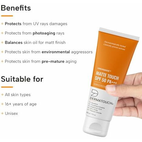 Dermatouch Matte Touch Sunscreen Spf 50 Pa+++ | Water & Sweat Resistant | No White Cast | 50G