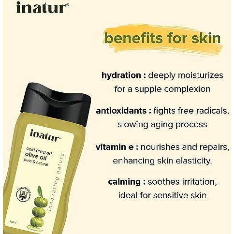 Inatur Olive Oil 100Ml - Organic, Cold-Pressed, 100% Pure | For Skin, Face And Hair Care | Safe For Babies | Body Oil, Suitable For All Skin Types