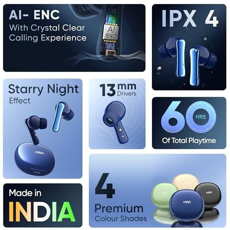 Mivi Duopods I2 Pro [New Launch], Instacharge Hd Clear Calling Bluetooth In Ear Earbuds, 60 Hours+ Long Playtime, Low Latency Gaming, V5.3 Bluetooth Ear Buds Wireless, Made In India
