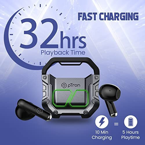 Ptron Bassbuds Xtreme Truly Wireless In Ear Earbuds With Mic, 32Hrs Playtime, Bluetooth Headphones 5.3, 13Mm Driver, Stereo Calls Tws Earbuds, Deep Bass, Ipx4 & Type-C Fast Charging (Grey/Black)
