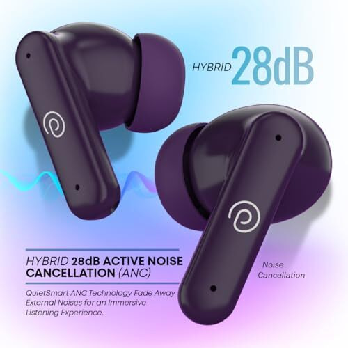 Ptron Newly Launched Zenbuds 1 Anc Earbuds, 28Db Active Noise Cancellation Tws, Quad Mic Trutalk Enc Calls, 60Hrs Playtime, 45Ms Game/Movie Mode & In-Ear Bluetooth 5.3 Wireless Headphones (Purple)