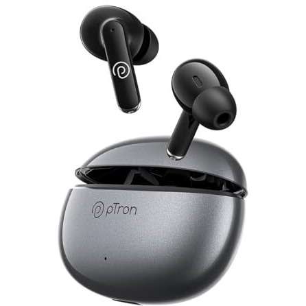 Ptron Bassbuds Eon In-Ear Tws Earbuds With Hd Mic, Ai-Enc Calls, Deep Bass, Bluetooth V5.3 Wireless Headphone, 30H Playtime, Quick Pairing, Type-C Fast Charge, Ipx4 Water Resistant (Grey/Pearl Black)
