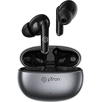 Ptron Bassbuds Eon In-Ear Tws Earbuds With Hd Mic, Ai-Enc Calls, Deep Bass, Bluetooth V5.3 Wireless Headphone, 30H Playtime, Quick Pairing, Type-C Fast Charge, Ipx4 Water Resistant (Grey/Pearl Black)