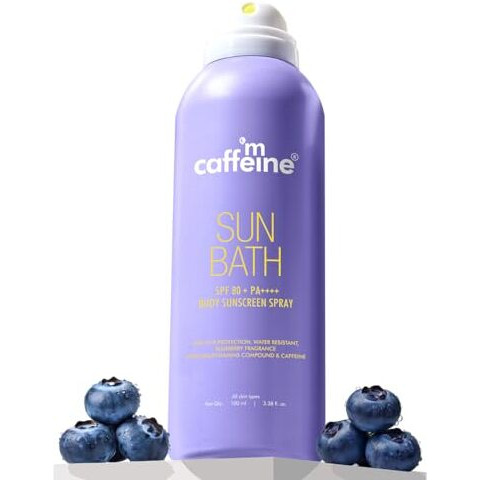 Mcaffeine Sun Bath Spf 80+ Pa ++++ Body Sunscreen Spray | High Uv Protection | Invisible, Non-Greasy, 180 Mins Water/Sweat Resistant Cooling Spray| For All Skin Types | Blueberry Fragrance -100Ml