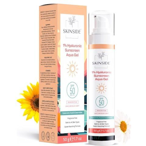 Skinside 1% Hyaluronic Sunscreen Aqua Gel Ultra Light Spf 50 Pa++++ | Uva Uvb & Blue Light Protection | Zero White Cast | For All Skin Types | For Men & Women (50G)