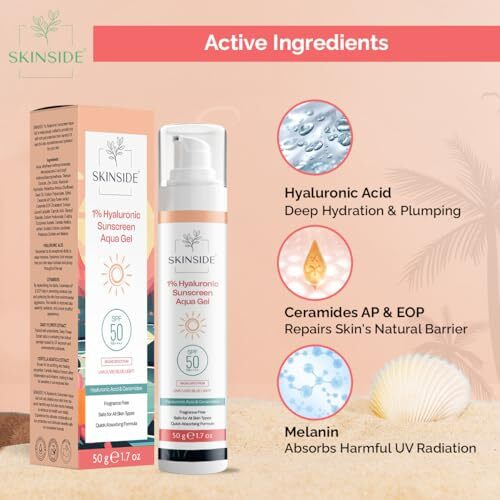 Skinside 1% Hyaluronic Sunscreen Aqua Gel Ultra Light Spf 50 Pa++++ | Uva Uvb & Blue Light Protection | Zero White Cast | For All Skin Types | For Men & Women (50G)