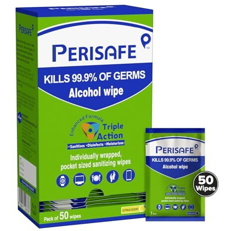 Perisafe Pocket Sized Sanitizing Disinfectant Wipes Individually Wrapped- Pack Of 50 Wipes