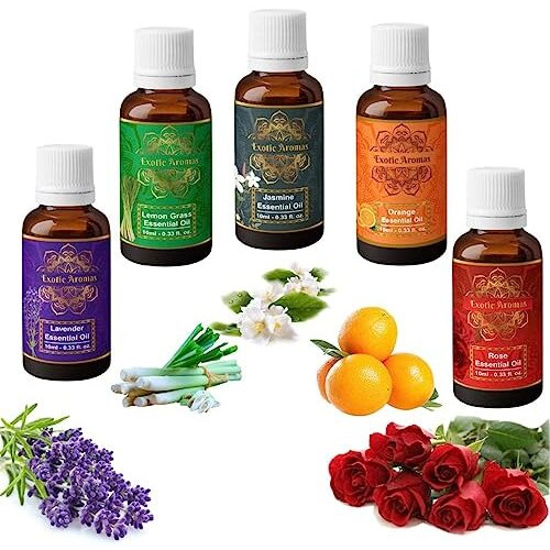 Exotic Aromas Essential Oil - Lavender Oil, Lemongrass Oil, Jasmine Oil, Orange Oil, Rose Oil (Pack Of 5)