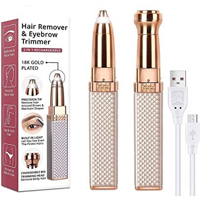 Eninas Eyebrow Trimmer For Women, 2 In 1 Rechargeable Facial Hair Remover With Replaceable Heads, Professional Painless Personal Hair Removal Eyebrow Razor With Indicator Lights, (Rose Gold)