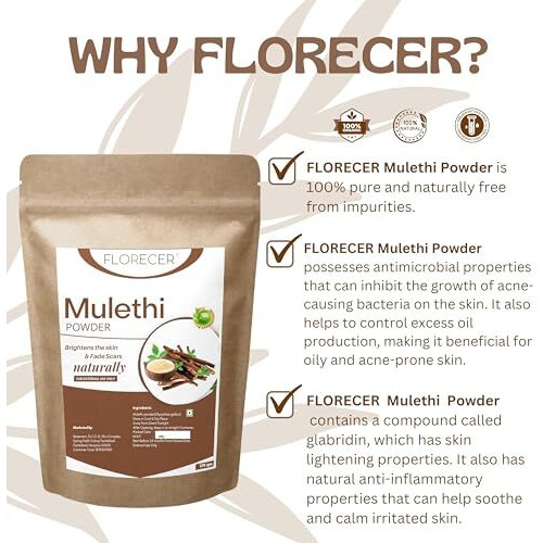 Florecer Mulethi Powder For Face, Hair | Organic Yashtimadhu Powder, Liquorice (Licorice) Powder For Skin - 100 Gram