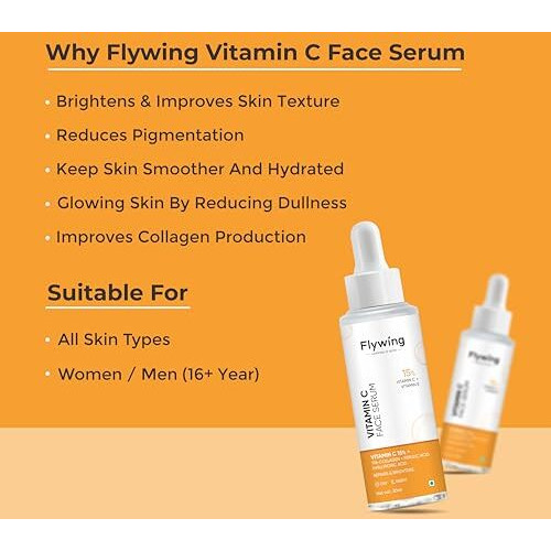 Flywing 15% Vitamin C Serum For Glowing Skin | Face Serum Added Blueberry Fruit Extract & Hyaluronic Acid | Fades Dark Spots | For Uneven & Dull Skin |Men & Women | 30Ml