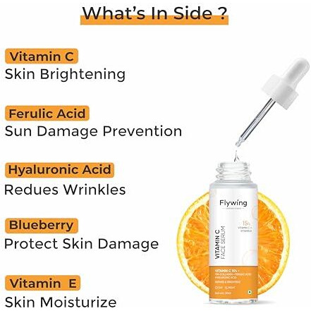 Flywing 15% Vitamin C Serum For Glowing Skin | Face Serum Added Blueberry Fruit Extract & Hyaluronic Acid | Fades Dark Spots | For Uneven & Dull Skin |Men & Women | 30Ml