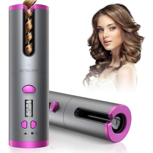 Betacare Hair Curler - Cordless Automatic Hair Curler Portable Curling Iron With Lcd Temperature Display Fast Heating Auto Rotating Hair Curler Usb Rechargeable For Travel Home, Grey And Pink