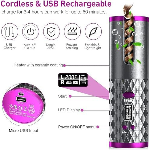 Betacare Hair Curler - Cordless Automatic Hair Curler Portable Curling Iron With Lcd Temperature Display Fast Heating Auto Rotating Hair Curler Usb Rechargeable For Travel Home, Grey And Pink