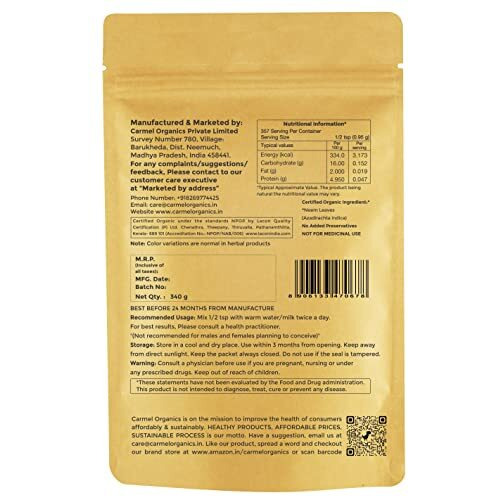 Carmel Organics Neem Leaves Powder (340 Grams)(Pack Of 1) | Jaivik Bharat Certified | Azadirachta Indica | Vembu Powder/Veppa Powder | Non-Gmo | No Added Preservatives