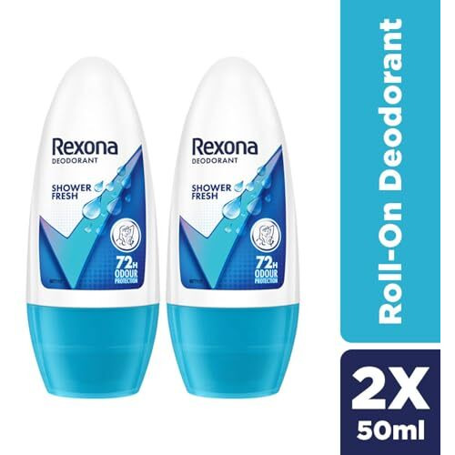 Rexona Shower Fresh Underarm Roll On Deodorant + Antiperspirant With Glycerine, Removes Odour, Even Skin Tone,Keeps Skin Fresh & Clean, Alcohol Free, 50 Ml (Pack Of 2)