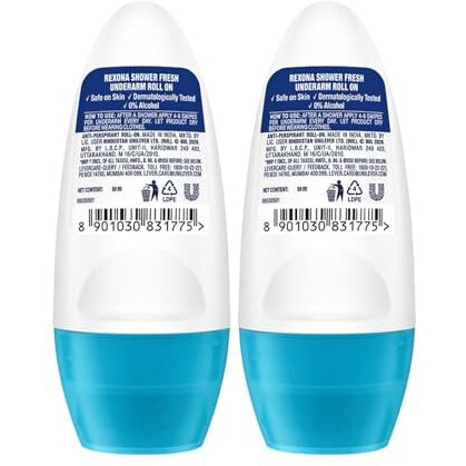 Rexona Shower Fresh Underarm Roll On Deodorant + Antiperspirant With Glycerine, Removes Odour, Even Skin Tone,Keeps Skin Fresh & Clean, Alcohol Free, 50 Ml (Pack Of 2)