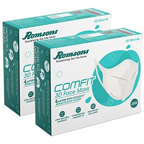 Romsons Nonwoven Fabric Ffp1 Certified Comfit 3D Disposable Respirator Face Masks With 4 Layer Protection (White, Melt-Blown Filter, 50 Pcs) For Unisex