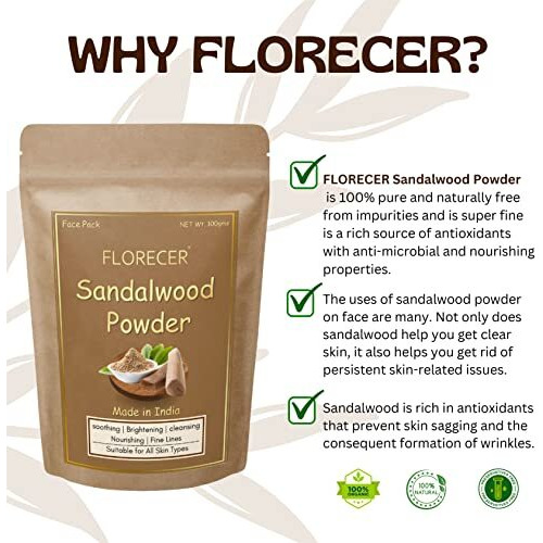 Florecer Sandalwood Powder For Face Pack| Pure And Natural | Organic | Glowing Skin | Face Mask | Chandan Powder - (Acne And Tan Removal Face Pack) 100 Grams