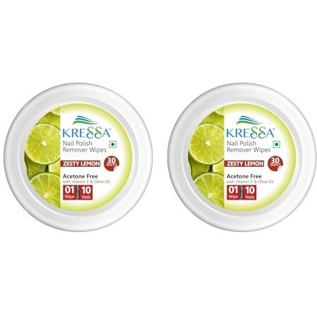 Kressa Nail Polish Remover Wipes  Acetone-Free, Travel-Friendly, Nourishing Formula For Effortless Removal (Zesty Lemon, Pack Of 2)