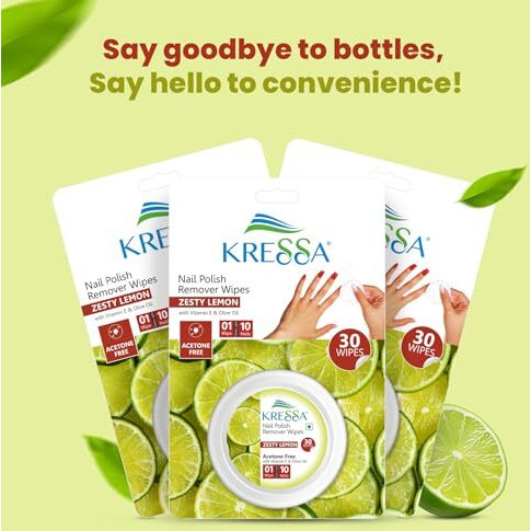 Kressa Nail Polish Remover Wipes  Acetone-Free, Travel-Friendly, Nourishing Formula For Effortless Removal (Zesty Lemon, Pack Of 2)