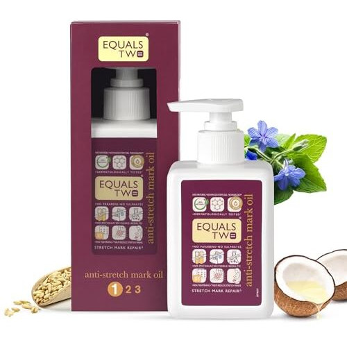 Equalstwo Anti Stretch Mark Oil, 200Ml, 100% Natural Stretch Marks Removal Oil For Pregnancy, Enriched With Flex Seeds & Oat Oil To Lighten Scars, Dermatologically Tested, No Paraben No Sulphate