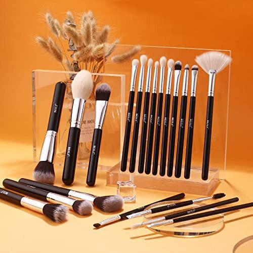 Beili Makeup Brushes | Set Of 20Pc Makeup Brushes For Professionals | Classic Black & Silver Color Synthetic Kabuki Foundation Blending Brush | Make Up Applicators Brush Set