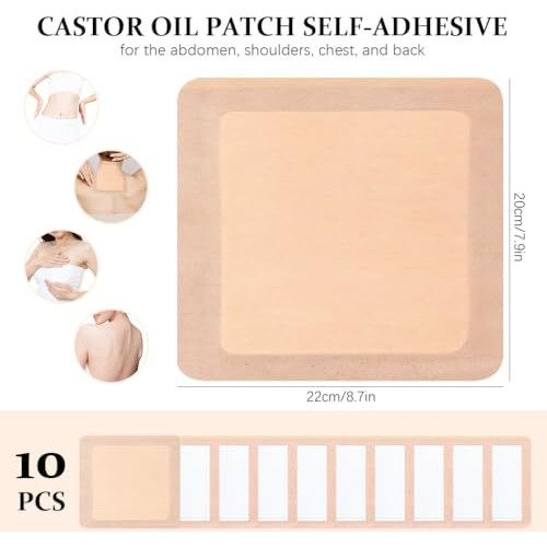 Hannea 10Pcs Castor Oil Patches, Self Adhesive Castor Oil Pack Wrap Organic Cotton, Castor Oil Wrap Pads For Liver, Anti Leakage, No Wash (Oil Not Included)