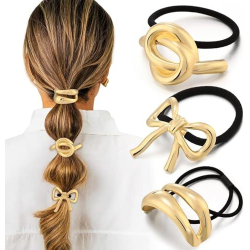 Chotaliya Metallic Hair Ties With Geometric Cuffs, Gold Ponytail Holders, Pack Of 3 Elastic Bands