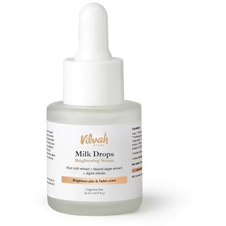 Vilvah Store Milk Drops Brightening Serum Formulated With Rice Milk Extract, Marine Algae Extract, Alpha Arbutin, Fades Scars, Brightens Skin & Even Skin Tone For All Skin Type, 20Ml - (Pack Of 2)