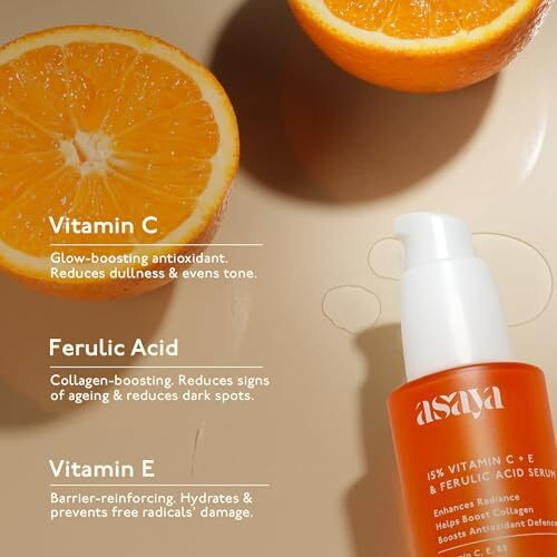 Asaya 15% Vitamin C Face Serum | Brightens Skin, Fades Dark Spots & Boosts Collagen | With Vitamin E For Hydration & Barrier Repair | 3-O-Ethyl Ascorbic Acid & Ferulic Acid | Evens Skin Tone & Lightweight | Non-Greasy, Non-Comedogenic & Non-Irritating | Oily, Dry & Combination Skin | 30Ml