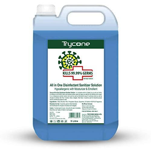 Trycone Hand Sanitizer Liquid Refill Pack 5 Ltrs, Kills 99.9% Germs, Who Recommended Formula, Fda Approved, 70% Alcohol, Multipurpose Disinfectant For Hands & Surfaces, Made In India