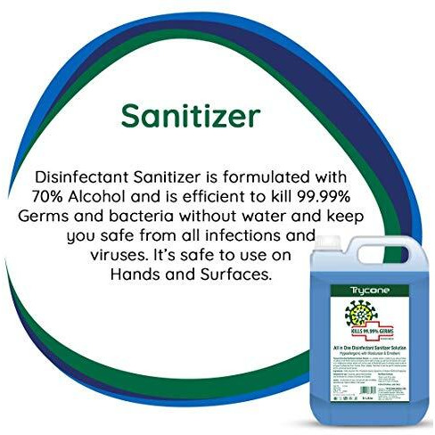 Trycone Hand Sanitizer Liquid Refill Pack 5 Ltrs, Kills 99.9% Germs, Who Recommended Formula, Fda Approved, 70% Alcohol, Multipurpose Disinfectant For Hands & Surfaces, Made In India