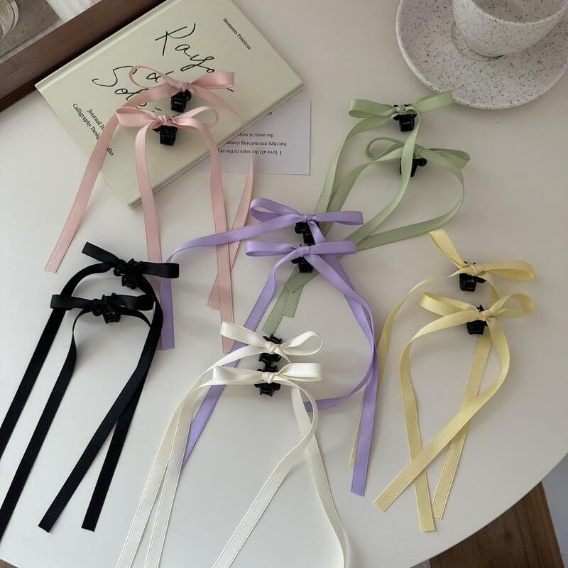 Shidara 6 Pcs Premium Hair Clips With Long Tail, Tassel Ribbon Small Claw Clips Knot Satin Hair Barrette Hair Accessories For Women Girls Toddlers