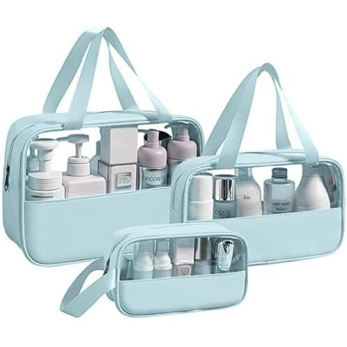 Hoopoes Travel Toiletry Pouch For Women & Men, Portable Cosmetic Organizer Bag For Full-Sized Shampoo, Brushes Set, Toys, Stationery, Bathroom & Makeup Accessories (Blue, 3 Pcs Set)