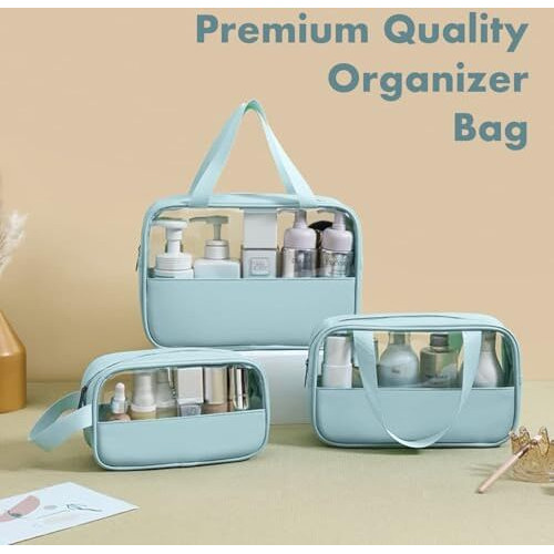 Hoopoes Travel Toiletry Pouch For Women & Men, Portable Cosmetic Organizer Bag For Full-Sized Shampoo, Brushes Set, Toys, Stationery, Bathroom & Makeup Accessories (Blue, 3 Pcs Set)