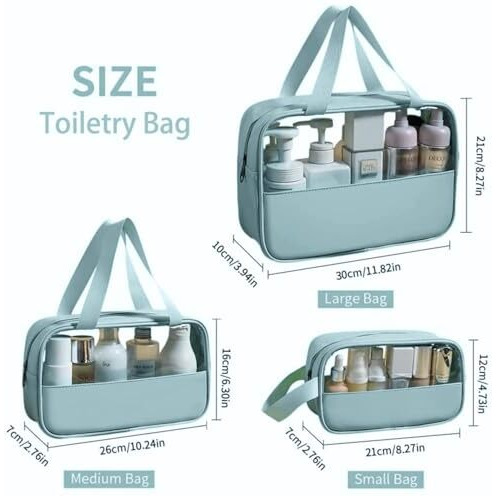 Hoopoes Travel Toiletry Pouch For Women & Men, Portable Cosmetic Organizer Bag For Full-Sized Shampoo, Brushes Set, Toys, Stationery, Bathroom & Makeup Accessories (Blue, 3 Pcs Set)