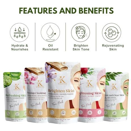 Kimayra Skin Care Combo Powder (Sandalwood + Saffron, Sandalwood + Rose, Aloevera + Cucumber, Pomegranate + Beetroot, Neem + Mint) - Face Pack Combo Powder For Natural Glow Skin - 375Gm (75G X 5 Pack)
